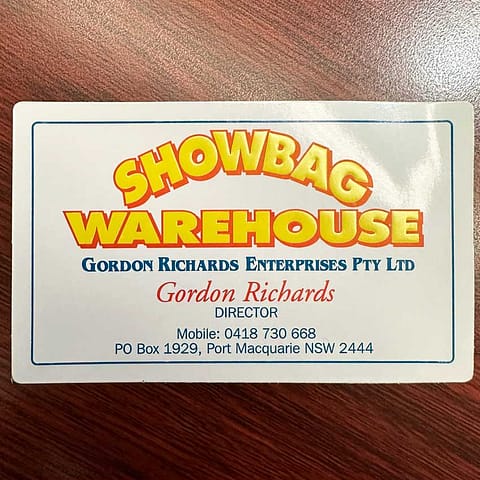 Business Cards with-embossing and gloss celloglaze one side for Showbag Warehouse Australia - design and print by Ziggiz Print & Signs Loganholme