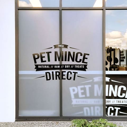 Pet Mince Direct shopfront windows with frosted glass panels and cut vinyl graphics 1 1