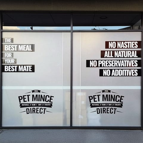 Pet Mince Direct shopfront windows with frosted glass panels and cut vinyl graphics 2 1