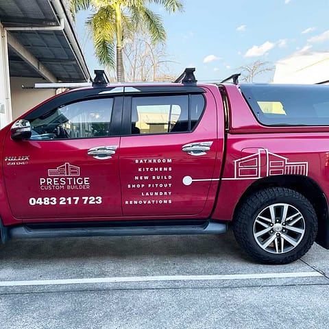 Vehicle branding: vinyl decals and partial vehicle wrap of an oversize ute for Prestige Custom Builders by Ziggiz