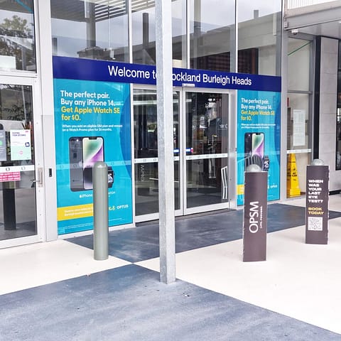 Business Signage - Entrance window graphics for Optus at Stockland Burleigh Heads print and installation by Ziggi's Print & Signs