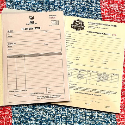 NCR Books - Numbered in triplicate - carbon copies - Invoices, Receipts, Deliveries, Job Sheets, Time Sheets, Work Records