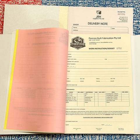 NCR Books - Numbered in triplicate - carbon copies - Invoices, Receipts, Deliveries, Job Sheets, Time Sheets, Work Records on Croc Board