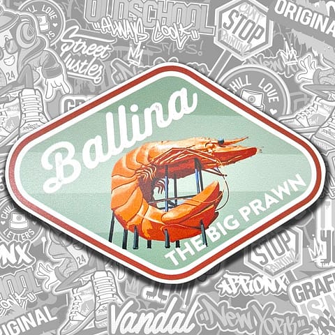 Self adhesive vinyl sticker for indoor and outdoor use - promo stickers for The Big Prawn