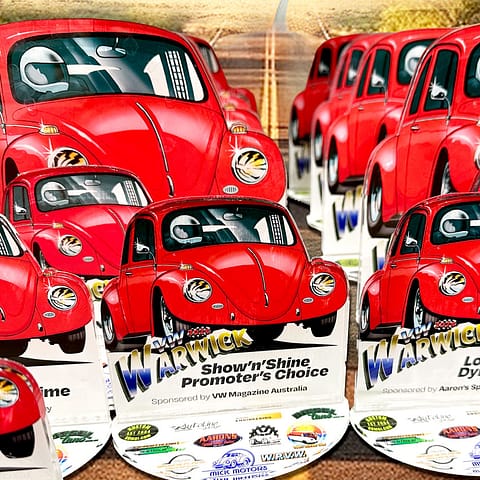 VW Magazine Australia worked with Ziggi's Print & Signs to create these custom shaped acrylic trophies in appreciation of participants in VW Warwick 2024, an all VW drag racing weekend.